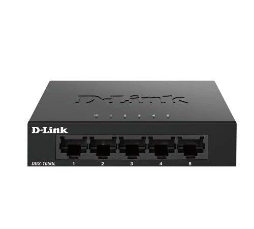 D-Link DGS-105GL Switch Gigabit 5 Puertos, sin gestión, 1000 megas por Puerto, Ethernet LAN, RJ-45, Plug&Play, Perfil bajo, metálico, conmutador, hub, sobremesa, sin Ventiladores, 802.3az EEE, Negro