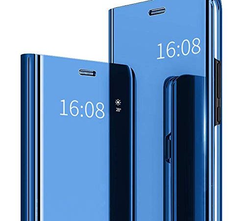 MadBee Funda Compatible con Redmi Note 8 Pro [Protector Pantalla], Fundas de Espejo Elegante Brillante Standing Flip Carcasa Cover Carcasa Funda Case para Redmi Note 8 Pro (Azul)