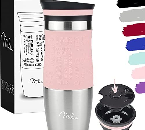 Milu Termo Taza 370ml, 450ml - Vaso Termico de Viaje - Café para Llevar - Taza de Viaje - Taza de acero inoxidable para beber - con aislamiento de doble pared (370ml, Rosa)