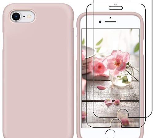 YiKaDa - Funda para iPhone SE 2020 / iPhone 8/7 + [2 Unidades] Cristal Templado Protector de Pantalla, Cáscara Suave de Silicona TPU Líquida Funda Forro de Gamuza de Microfibra Suave Cojín - Rosado