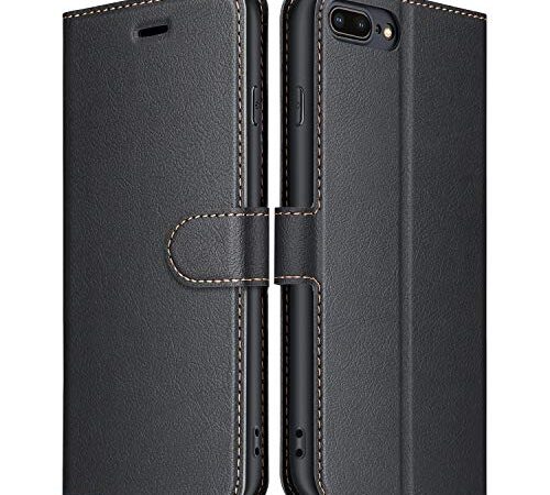 ELESNOW Funda iPhone 7 Plus, Funda iPhone 8 Plus, Cuero Premium Flip Folio Carcasa Case para Apple iPhone 7 Plus/iPhone 8 Plus (Negro)