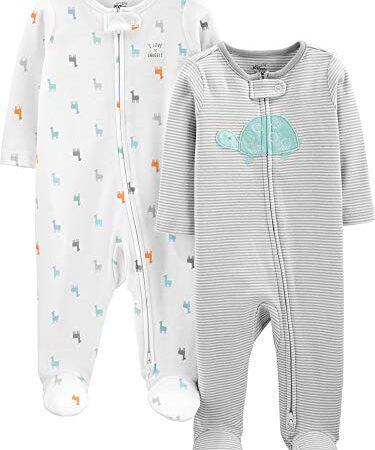 Simple Joys by Carter's Pijama de Algodón con Pies Unisex Bebés, Pack de 2, Gris/Blanco, Tortuga/Llama, 6-9 Meses