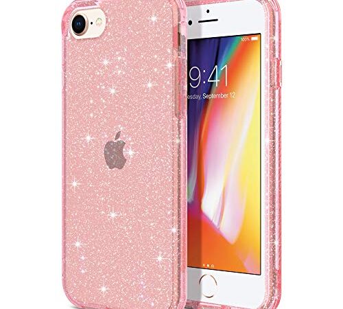 ULAK Funda iPhone SE 2022, iPhone 7/8/SE 2020 Estuche a Prueba de Golpes de Estuche Parachoques de Resistente Caso de protección Suave de TPU para Apple iPhone 7/8/SE 2020/SE 2022 - Brillo Rosa