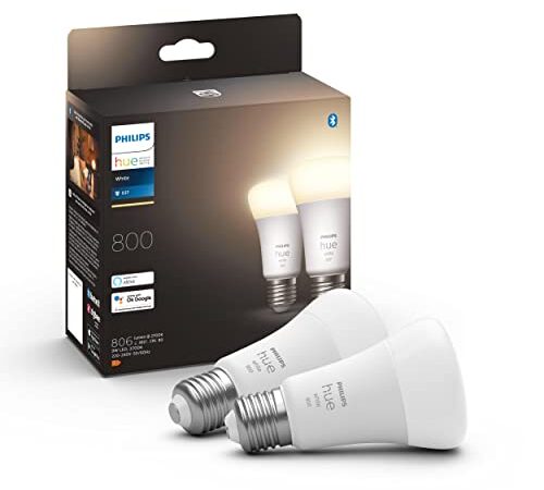 Philips Hue - Bombilla inteligente, E27, Luz cálida regulable, 9W, Compatible con Alexa y Google Home - Pack de 2 Bombillas LED inteligentes