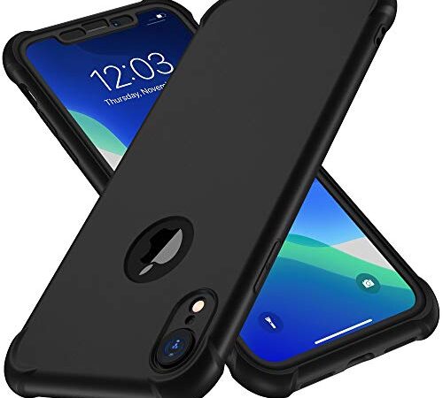 ORETECH Funda Compatible con iPhone XR, con 2X Protector de Pantalla de Vidrio Templado 360°Carcasa para iPhone XR Case Silicona Ligera Delgado PC TPU Bumper Rubber Funda para iPhone XR Caso Negro