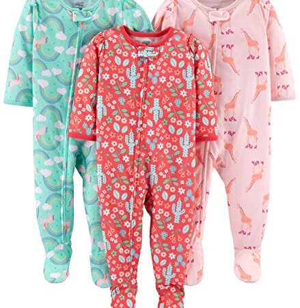 Simple Joys by Carter's Pijama con Pies de Punto de Poliéster de Ajuste Holgado Bebé Niña, Pack de 3, Jirafa/Arcoíris/Floral, 12 Meses