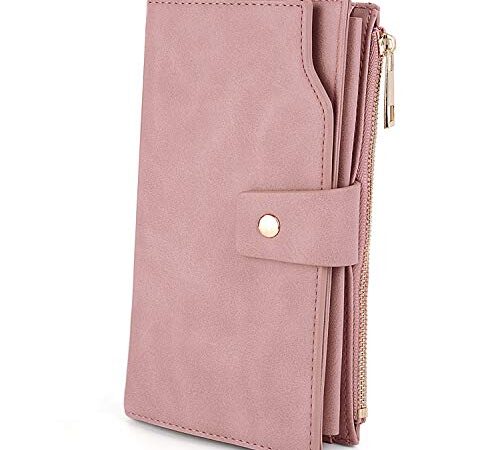 UTO - Mujer Cartera de Bloqueo de RFID PU Cuero Monedero Largo 21 Ranuras para Tarjetas Monedero Gran Capacidad Bolsillo para Móvil Rosa Nuevo