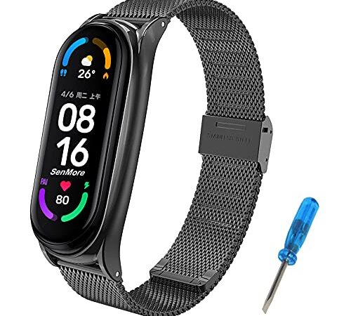 SenMore Compatible Correa Xiaomi Mi Band 6 Mi Band 5/4/3 Correas Metal, Pulsera de Acero Inoxidable Agradable para Mi Band 6 Correa Mi Band 5 Correa y Mi Band 4/3 Correa (No Host)