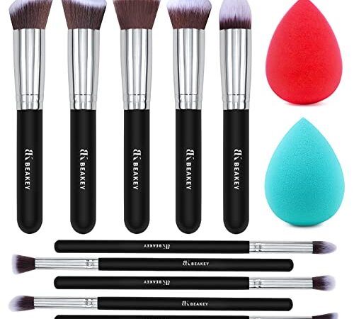 BEAKEY Set de Brochas de Maquillaje, Synthetic Kabuki para Base Polvos Colorete Contorno, con Esponja (10+2 Piezas, Negro/Plateado)