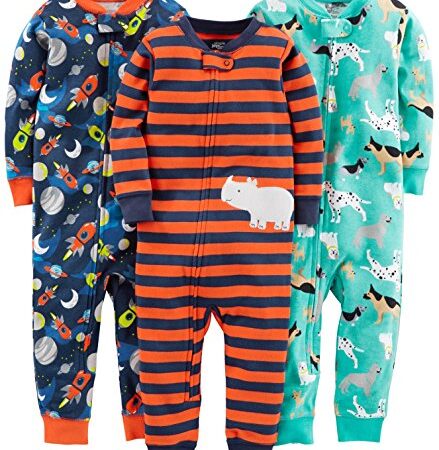 Simple Joys by Carter's Pijama de Algodón sin Pies de Ajuste Ceñido Bebé Niño, Pack de 3, Naranja/Azul Marino/Cian Oscuro, Perros/Espacio, 12 Meses