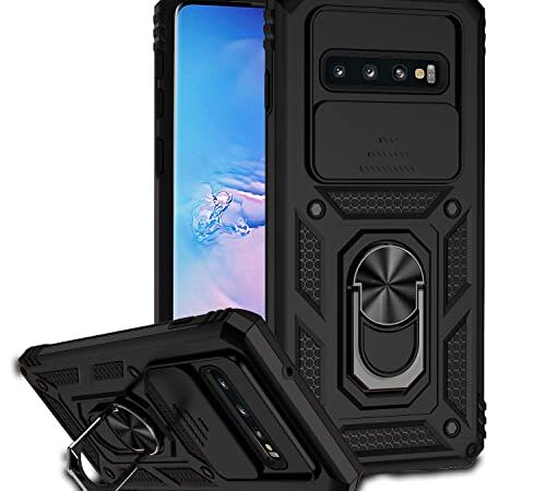 Jiyu Funda Compatible con Samsung Galaxy S10 Plus/S10+ Carcasă Armor Militar Cubierta de Cámara Deslizante Proteger Fundas con 360 Full Protección Anillo Soporte Silicona Estuche Cover Case,Negro