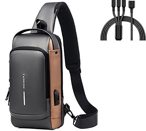 MQSHUHENMY Anti Theft Sling Bag, USB Charging Sport Sling Anti-Theft Shoulder Bag, Waterproof Shoulder Backpack for Men, Anti Theft Crossbody Bag (Gray Brown)