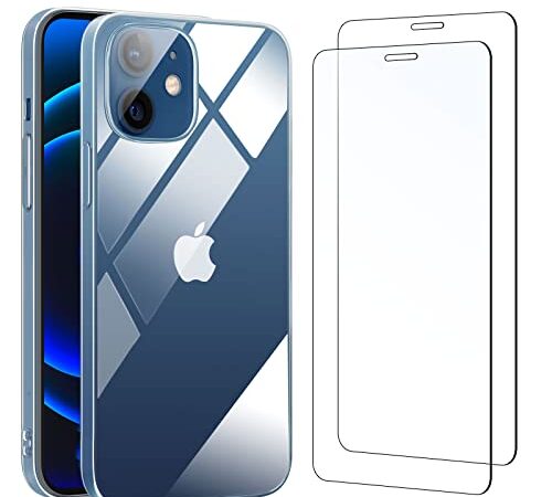 NEW'C Funda para iPhone 12 y iPhone 12 Pro Carcasa Silicona Transparente Alta y 2X Protector de Pantalla para iPhone 12 y iPhone 12 Pro Cristal Templado - Antiarañazos