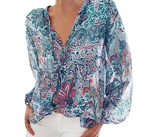 VEMOW Blusas y Camisas de Manga Larga para Mujer con Cuello en V, Manga de Linterna, 2021 Moda Estilo Bohemio Estampado Floral Túnica Informal Suelto Camisetas Remera Tops Ropa de Calle(Azul,L)