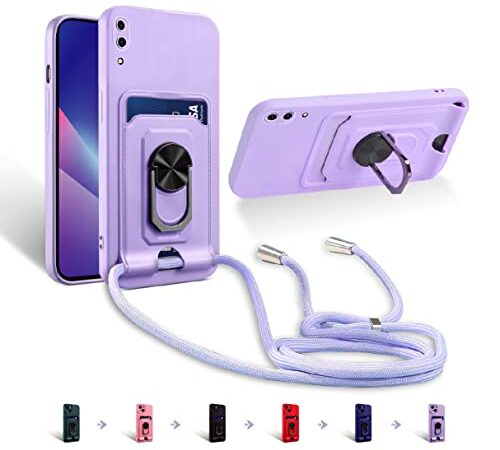 Zyweil Funda Cuerda Compatible con Xiaomi Redmi Note 7/Note 7 Pro, Ajustable Collar Correa Protección cámara Carcasa,función de Soporte y Ranuras para Tarjetas-Púrpura