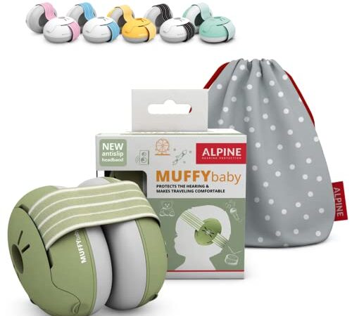 Alpine Muffy Baby - Protectores auditivos para bebés y niños pequeños de hasta 36 meses - Reducción de ruido para y bebés - Cómodas orejeras evitan daños auditivos con banda antideslizante, verde,