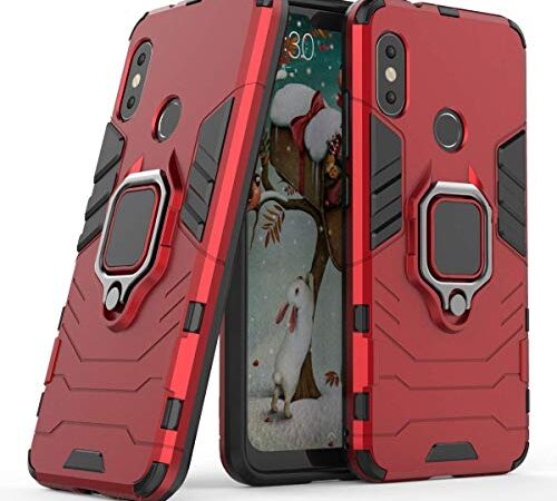 Compatible con Xiaomi Mi A2 Lite Funda, Anillo Metálico Sujeción Soporte Antichoque Caja (Funciona con el Montaje de Coche Magnético) Doble Capa Case Carcasa para Xiaomi Mi A2 Lite, Redmi 6 Pro (Rojo)