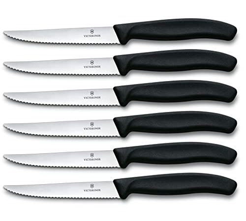 Victorinox Swiss Classic Juego de 6 cuchillos de carne con filo de sierra, aptos para el lavavajillas, fabricados en acero inoxidable y de color negro