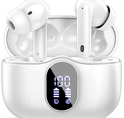 Auriculares Inalámbricos, Bluetooth 5.3 con HD Micrófono HiFi Estéreo Pantalla LED, Reducción de Ruido,13 mm Controlador dinámico,IP7 Impermeable 36H Cascos Inalambricos Blanco