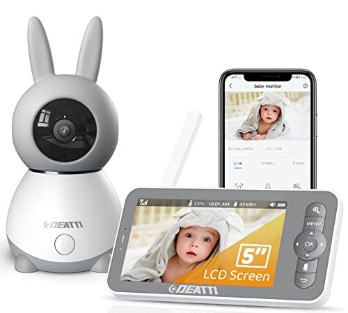 DEATTI Vigilabebes con Camara, 1080P Camara Vigilancia Bebe, Baby Monitor de 5", 4X Zoom, Visión Nocturna, Comunicación Bidireccional, Modo VOX, Nanas, Sensor Temp, Control de Aplicaciones Móviles