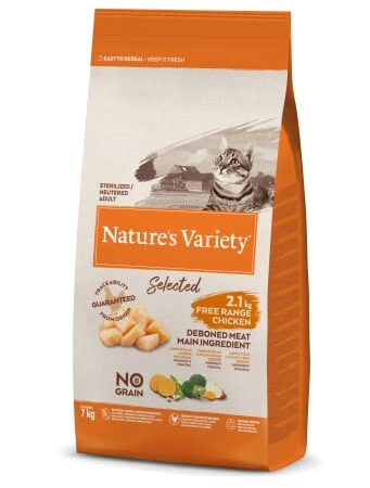 Nature's Variety Selected, Pienso para Gatos Adultos Esterilizados, Sin cereales, con Pollo campero deshuesado, 7kg