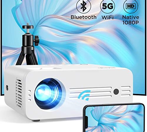 Proyector 5G WiFi Bluetooth con Tripode, Proyector Portátil 4K Compatible 1080P Nativo 9000 Lumens, AKIYO O7 Proyector Casa Cine con Entrada HDMI/AV/USB para Smartphone/PC/TV Stick/PS5/XBOX