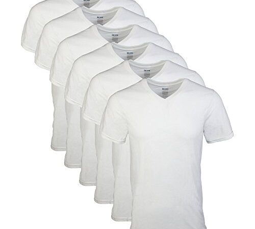 GILDAN Men's V-Neck T-Shirts 6 Pack, White, Large