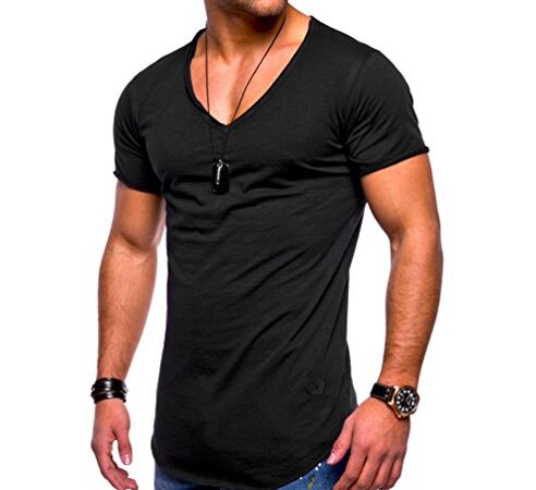Ketamyy Hombre Color Puro Algodón V Cuello Sección Delgada Manga Corta Camiseta Negro L